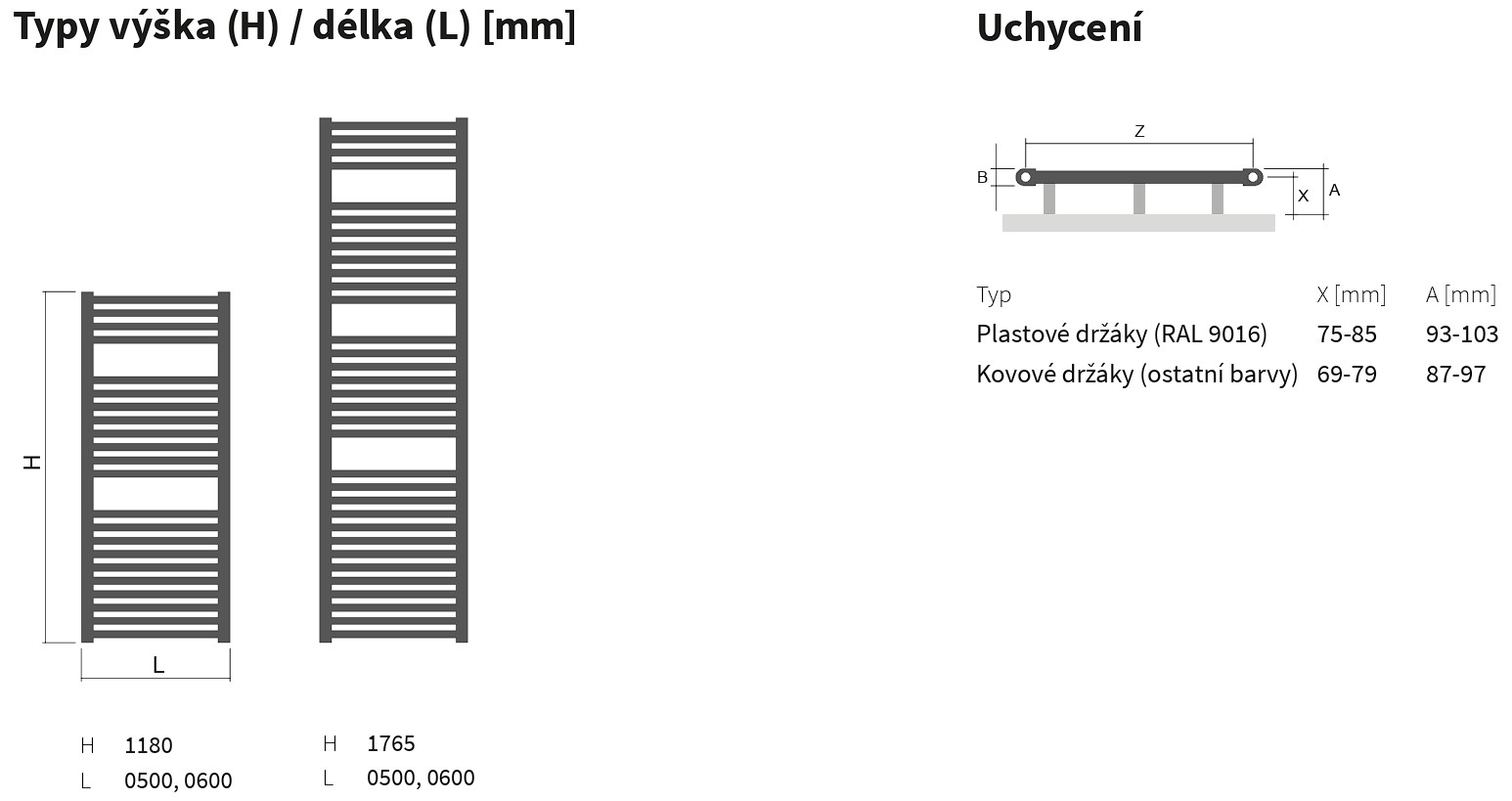Koupelnový radiátor Linosia ISAN Melody technický výkres